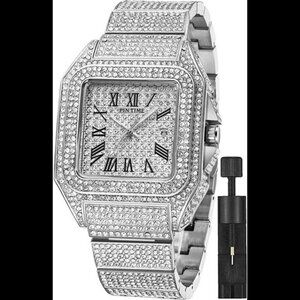 Hip Hop Men's Crystal Watch Bling Bling Watch Rectangle Case Stainless Steel